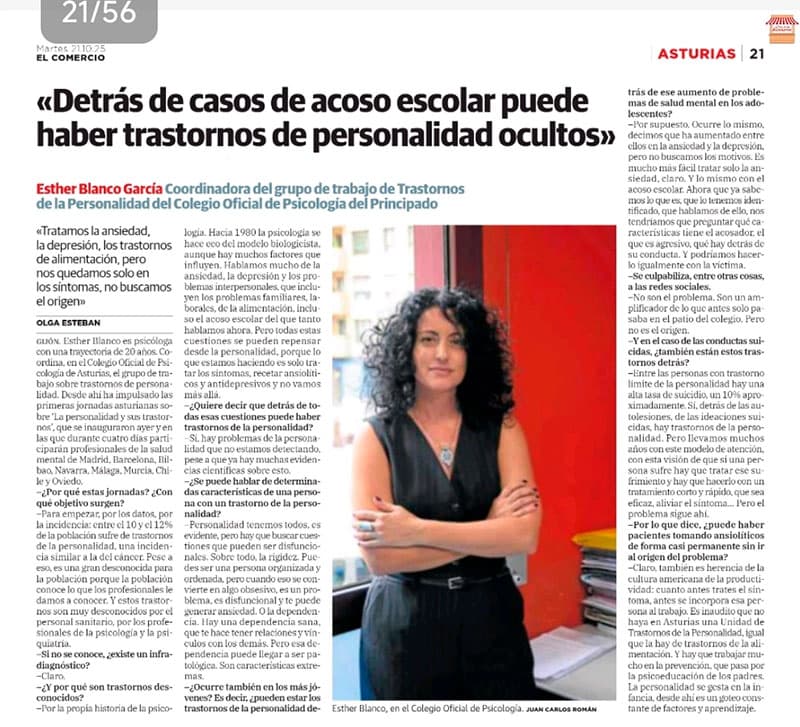 El Comercio entrevista a Esther Blanco sobre cómo el acoso escolar puede ocultar trastornos de personalidad y por qué es clave mirar más allá del síntoma.