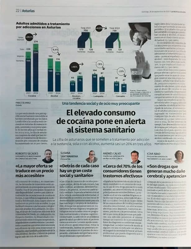 Andrés Calvo participa como experto en un reportaje de La Nueva España sobre adicciones, consumo de cocaína y su impacto en la salud mental. Andrés Calvo participa como experto en un reportaje de La Nueva España sobre adicciones, consumo de cocaína y su impacto en la salud mental.